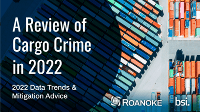 Colorful shipping containers stacked diagonally with a dark blue grid overlay and text "A Review of Cargo Crime in 2022"