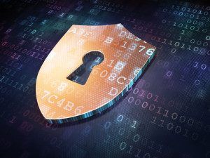 Digital shield with keyhole icon symbolizing cybersecurity