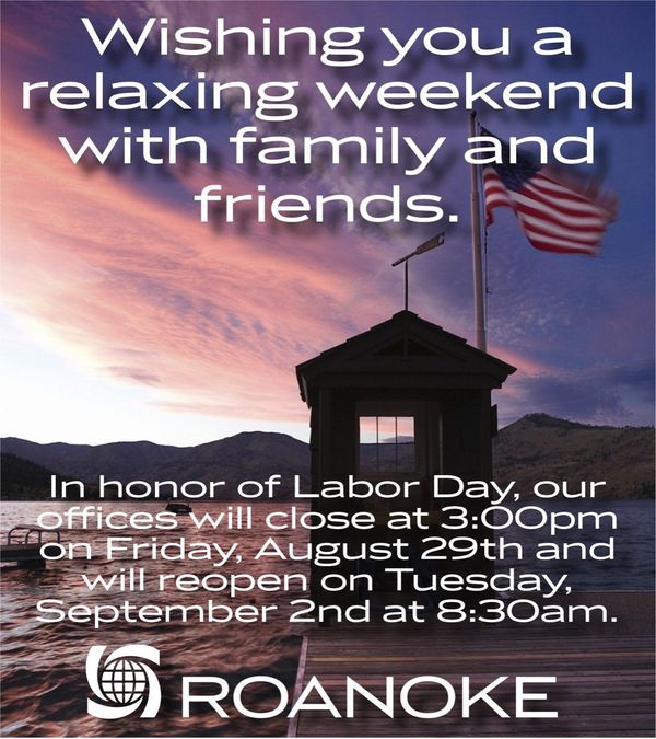 Scenic Labor Day office closure notice with American flag, wooden cabin, and mountains at sunset, Roanoke logo below