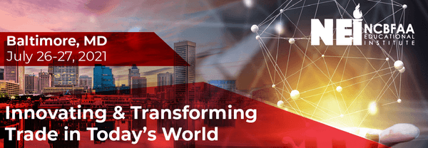 NEI conference banner featuring Baltimore skyline with event details: Innovating & Transforming Trade in Today's