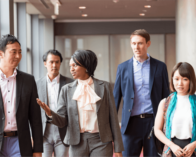 Diverse business team of six professionals standing together in an office hallway, discussing and gesturing professionally