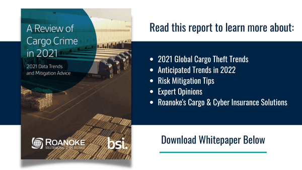 Roanoke and BSI whitepaper cover for "A Review of Cargo Crime in 2021" featuring stacked wooden pallets and cargo containers
