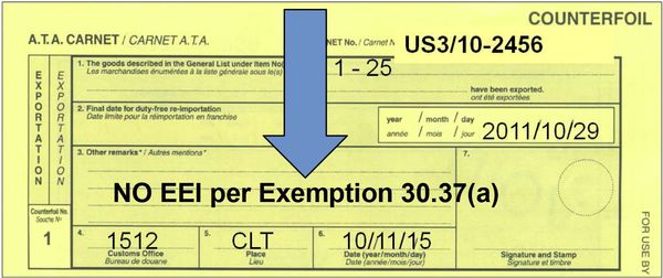 ATA Carnet customs document in yellow and blue with export/importation details, NET No. US3/10-2456, dated 2011/10/29