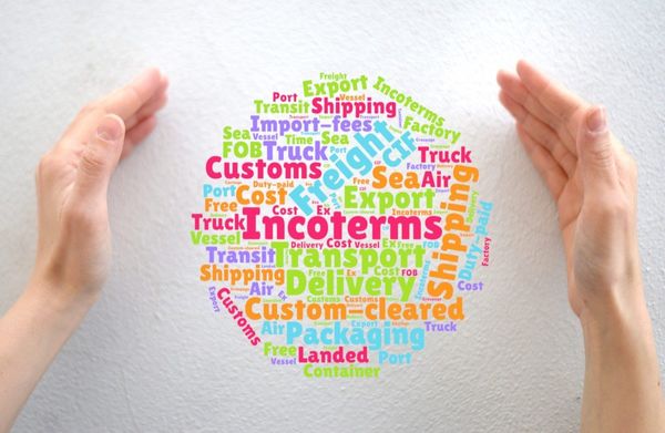 Hands frame a colorful word cloud focused on shipping, logistics, and trade terms like Incoterms, customs