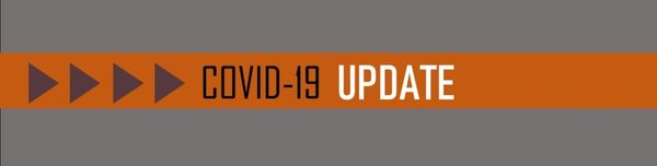 Orange and gray horizontal banner with COVID-19 UPDATE text and triangular/arrow graphic elements on the left side