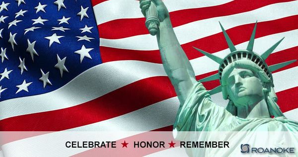 Statue of Liberty stands tall against a waving American flag background with "Celebrate, Honor, Remember" text