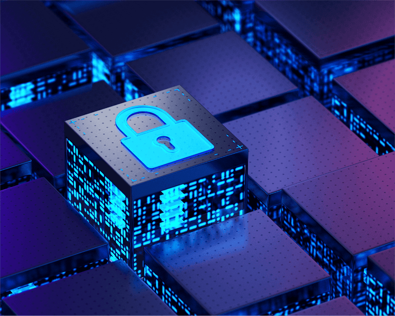 3D rendered glowing blue padlock on digital blocks representing cybersecurity protection