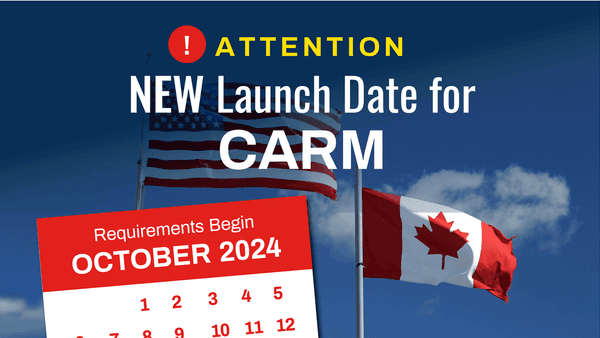 Red alert calendar announcing new CARM launch date in October 2024, with US and Canadian flags against a blue sky background