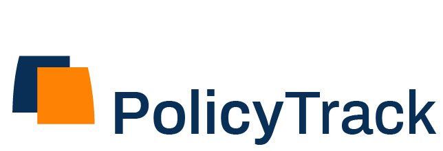 Dark blue and orange overlapping geometric shapes with "PolicyTrack" text in bold navy blue letters