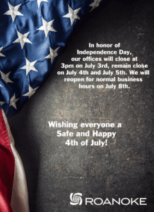 American flag draped against a dark textured background with Independence Day business hours message for Roanoke
