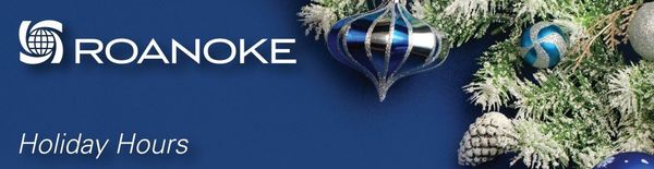 Blue Roanoke logo with holiday decorations: frosted pine branches, silver and blue ornaments, and a heart-shaped