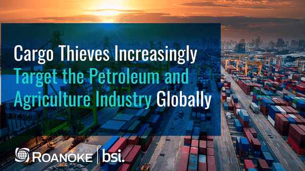 Cargo shipping containers at sunset with text highlighting increasing cargo theft in petroleum and agriculture
