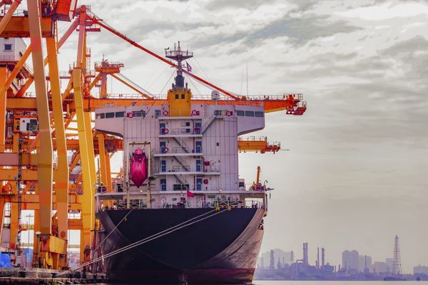 Massive cargo ship docked at port featuring large orange gantry cranes and industrial skyline in soft-focus background
