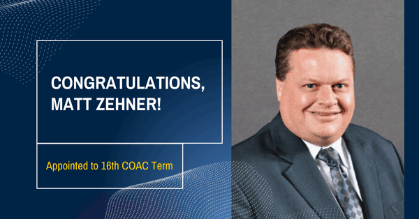 Smiling professional in gray suit and tie, congratulated on appointment to 16th COAC Term on blue dotted background