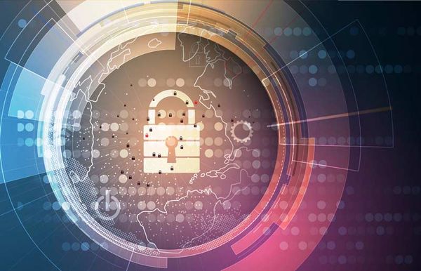 Glowing digital lock icon overlaid on a blurred global network background with technological circular