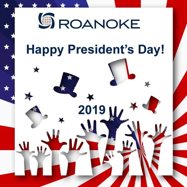 Patriotic President's Day graphic with raised hands, top hats, and American flag colors celebrating 2019 by Roanoke