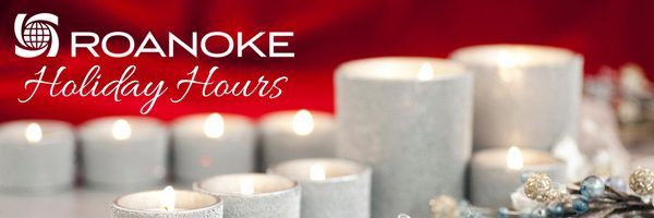White and silver tealight candles clustered together on a blurred red background with "Roanoke Holiday Hours" text overlay