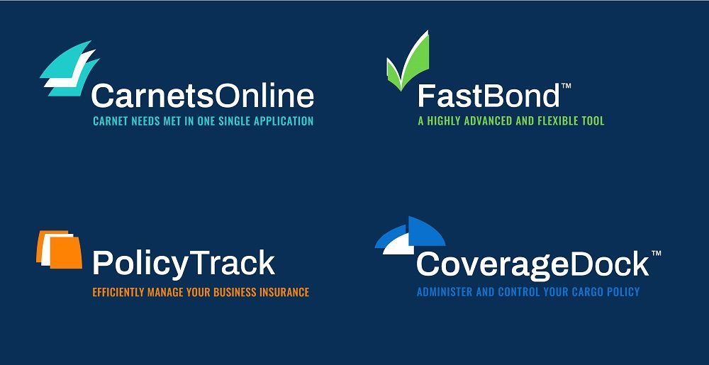 Four software tool logos for CarnetsOnline, FastBond, PolicyTrack, and CoverageDock in blue, green, orange