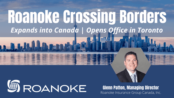 Roanoke Crossing Borders graphic showing Toronto skyline at sunrise with hexagonal headshot of a man in a suit