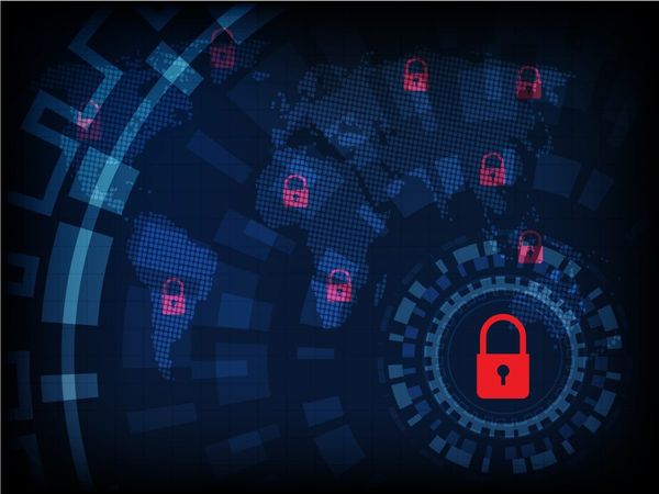 Dotted world map in dark blue with red padlock icons highlighting global cybersecurity and digital protection concept