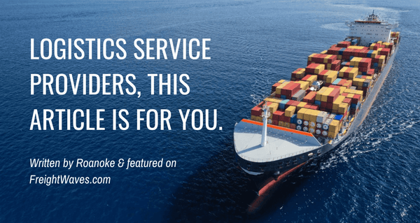 Container ship loaded with colorful cargo boxes sailing across blue ocean waters against a promotional article headline