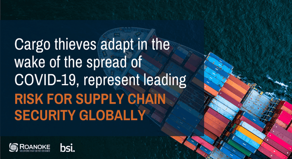 Aerial view of colorful shipping containers stacked on a cargo ship featuring text warning about cargo theft risks