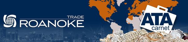 Roanoke Insurance Group and ATA Carnet logo with world map in orange, white city skyline, and sparkling jewelry and watches