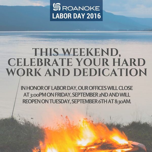 Roanoke Labor Day 2016 poster with a blazing bonfire against a misty lake and mountain backdrop, announcing office