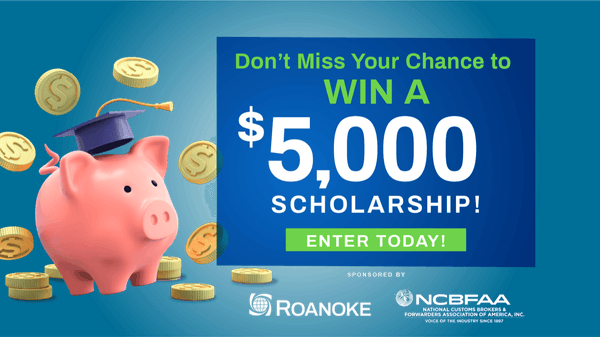 Pink piggy bank wearing a graduation cap surrounded by gold coins, advertising a $5,000 scholarship from Roanoke and NCBFAA