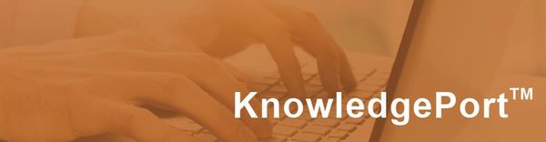 Hands typing on a laptop keyboard against an orange-tinted background with the KnowledgePort logo overlaid