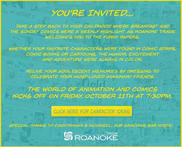 Retro comic-themed event invitation in teal and red with character artwork