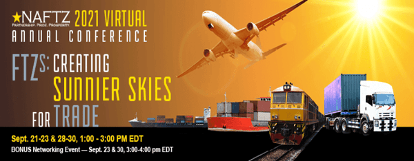 NAFTZ 2021 Virtual Annual Conference banner with airplane, cargo ship, train, and truck against a sunset sky