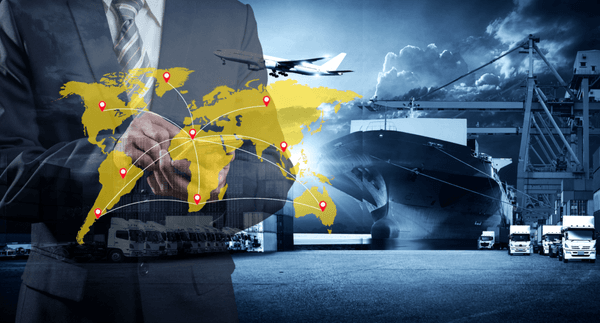 Global logistics network with yellow world map, transportation vehicles, cargo ship, airplane, and businessperson