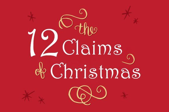 Red background with stylized gold and white text reading "the 12 Claims of Christmas" surrounded by decorative