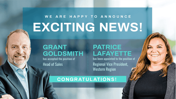 Blue corporate announcement showcasing two smiling professionals, Grant Goldsmith and Patrice Lafayette