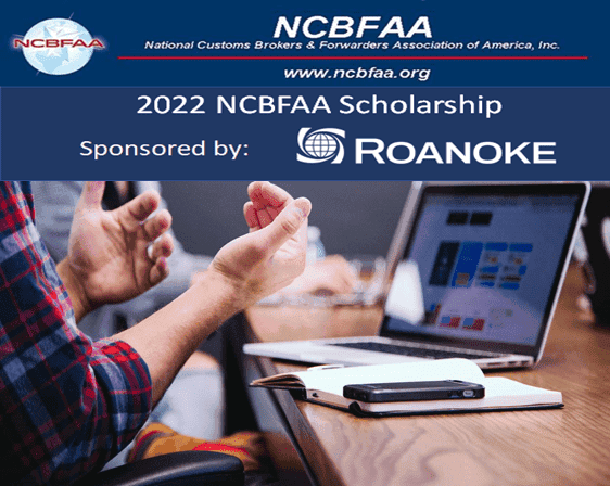 Hands near laptop and notebook, highlighting NCBFAA 2022 Scholarship sponsored by Roanoke with website logo visible
