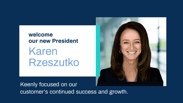 Welcome announcement for new President Karen Rzeszutko, featuring her smiling headshot and a message about
