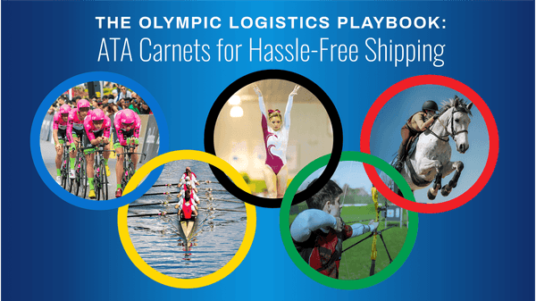 Olympic rings display featuring cyclists, gymnast, rowers, archer, and equestrian athlete against a blue gradient
