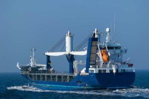 Blue cargo ship sailing on open water with white cranes and cargo containers, cutting through waves under clear blue sky