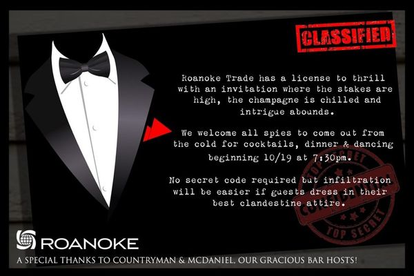 Black and white spy-themed event invitation with a tuxedo graphic, "Classified" stamps
