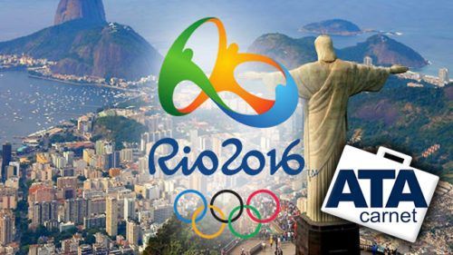Rio 2016 Olympics logo overlaid on scenic view of Rio de Janeiro with Christ the Redeemer statue and Sugarloaf