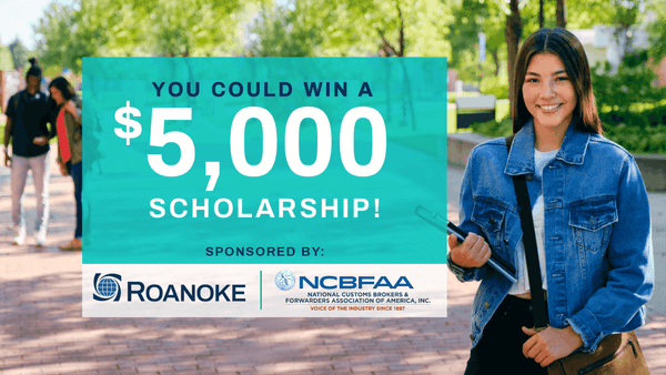 A smiling young woman in a denim jacket stands near a sign advertising a $5,000 scholarship sponsored by Roanoke and NCBFA