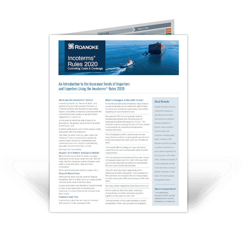 Roanoke Incoterms 2020 brochure with maritime shipping scene, focusing on insurance needs for importers and exporters