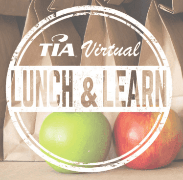 White circular TIA Virtual Lunch & Learn logo overlaid on a photo of brown paper bags and two apples