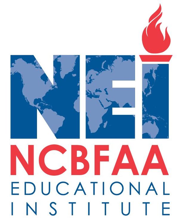 NEI NCBFAA Educational Institute logo featuring a blue world map silhouette inside the letters "NEI" and a red torch flame