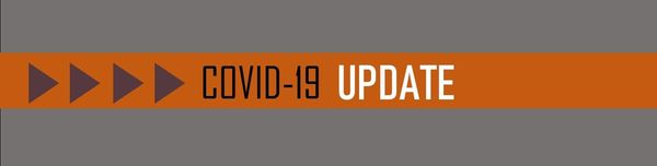 Orange and gray banner with "COVID-19 UPDATE" text and dark purple arrow graphics to the left of the text
